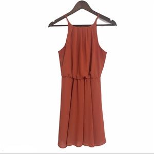 Miami Sleeveless High Neckline Burnt Orange Elastic Waistband Flowy Dress
